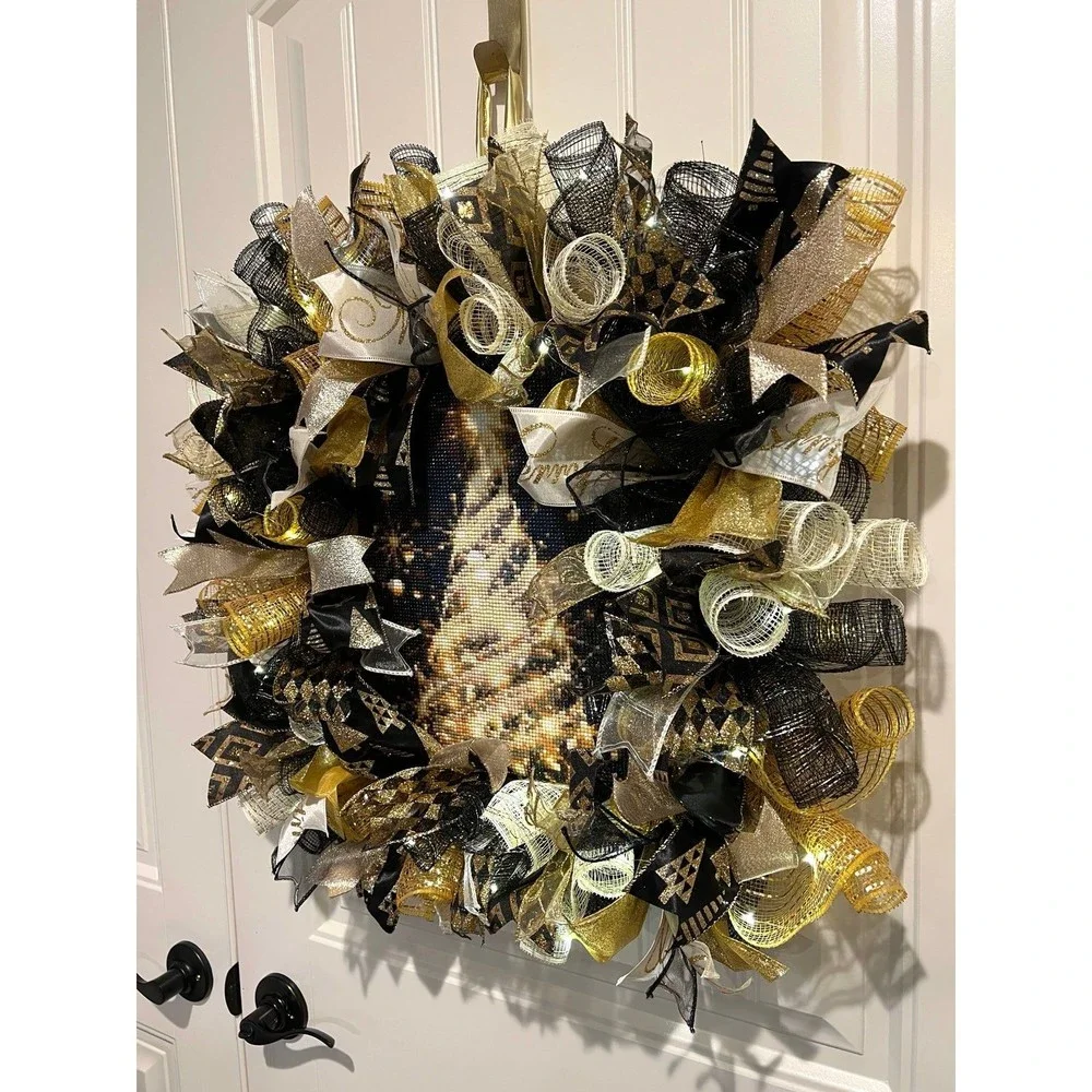 Handmade Christmas Tree Diamond Art Ribbon Door Wreath 22 ins LED W38 Gold Black